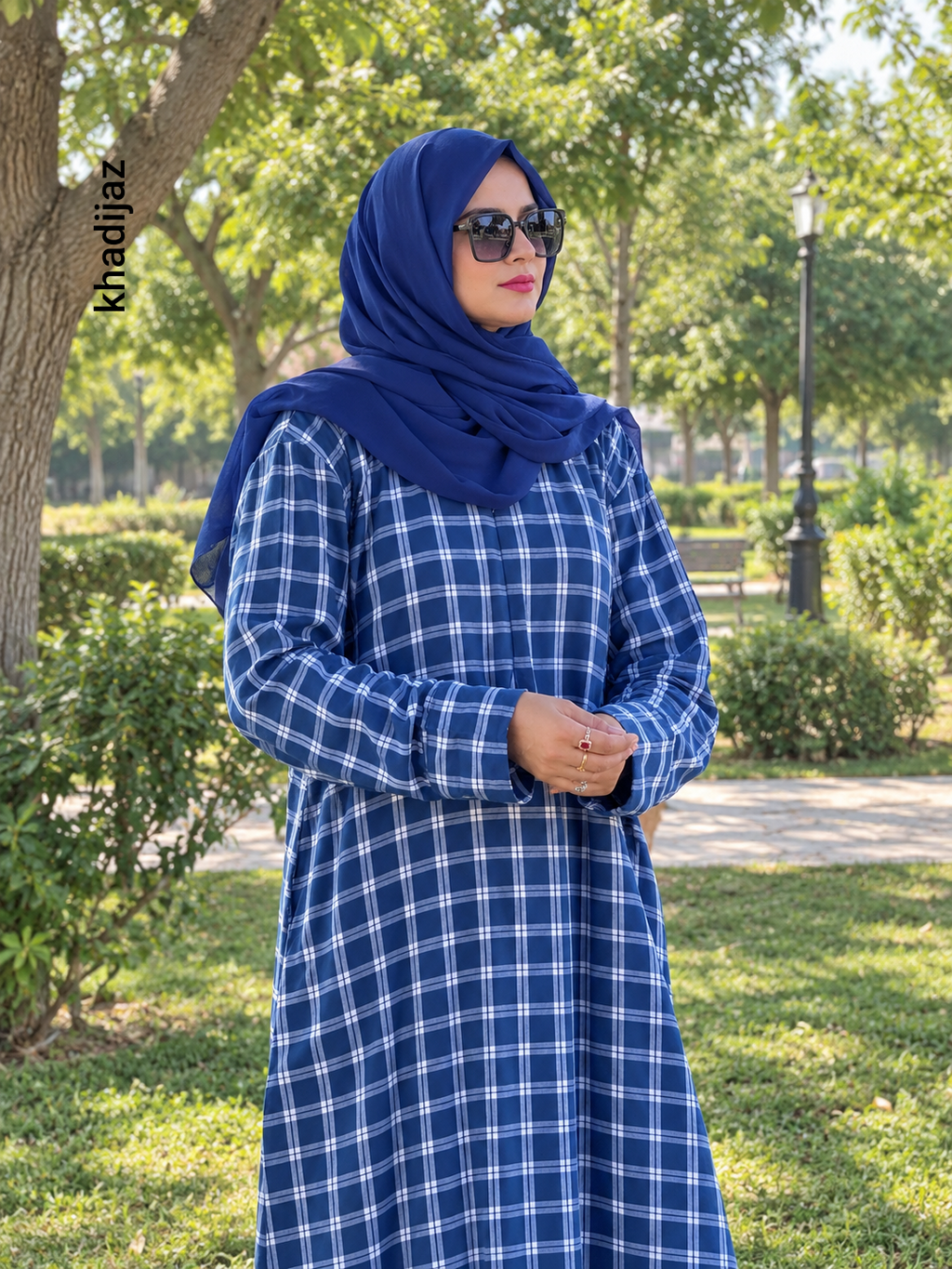 Blue Check Collar Shirt - Front Zip Close & Side Open
