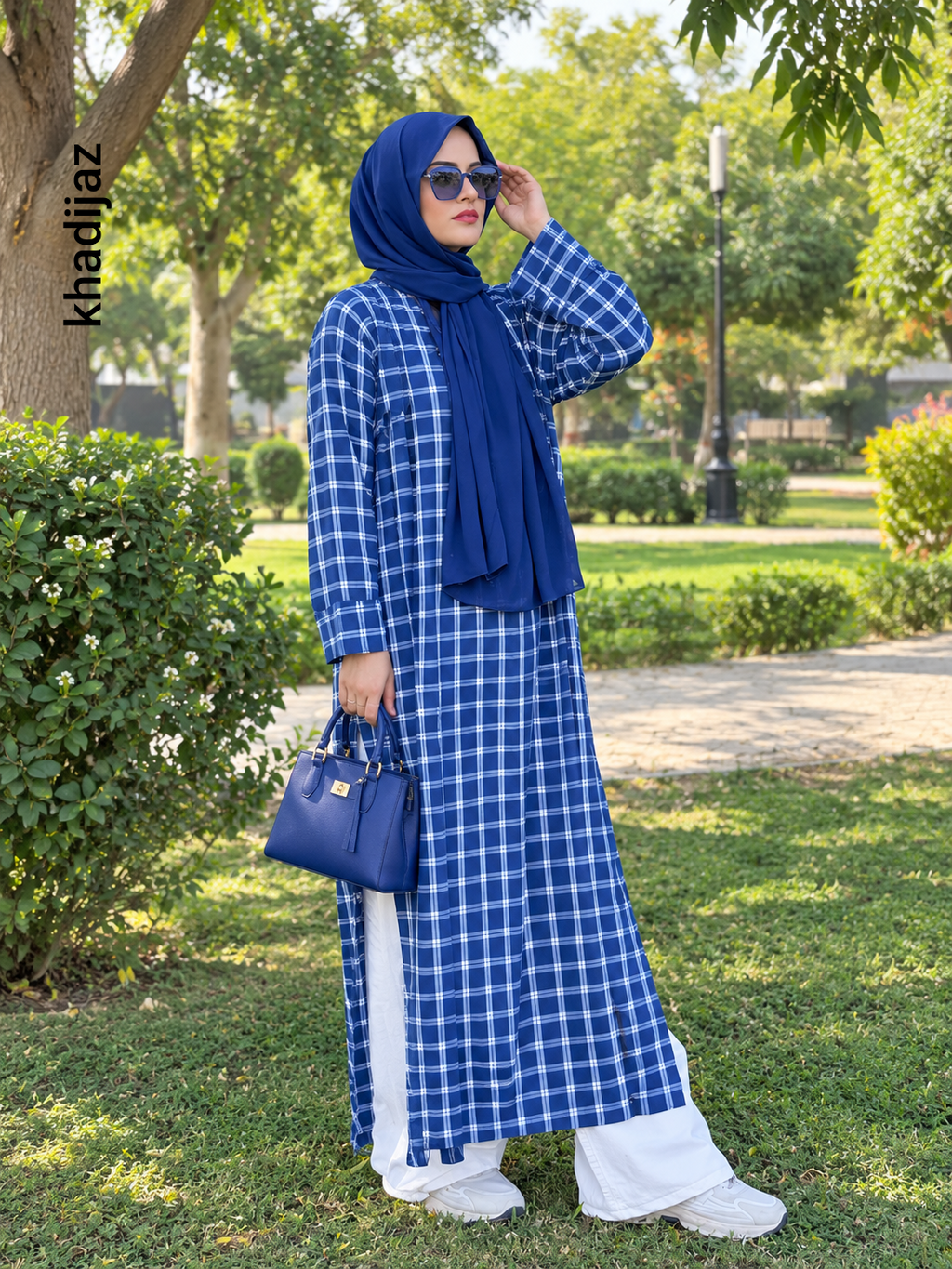 Blue Check Collar Shirt - Front Zip Close & Side Open