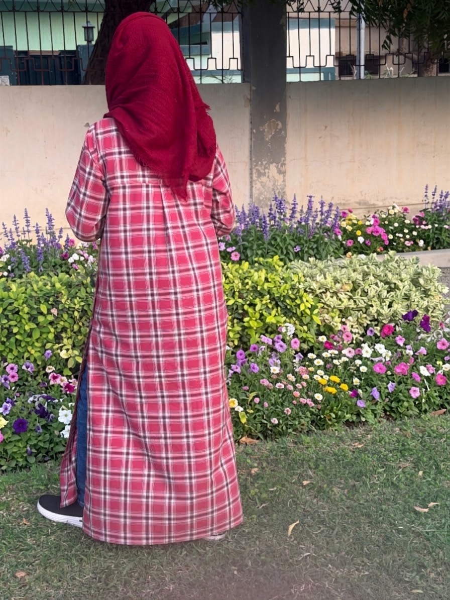 Maroon Check Collar Shirt - Adjustable Front & Side Button Open Modest outfit