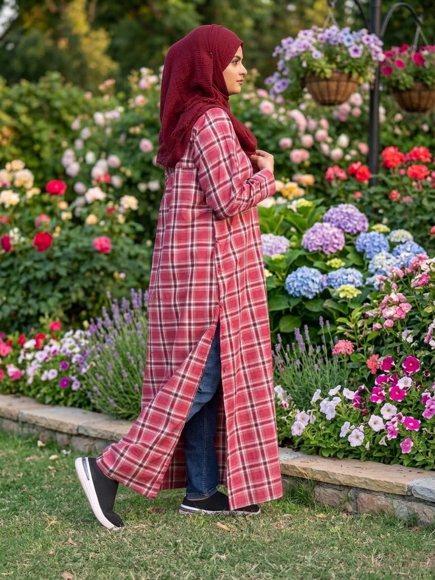 Maroon Check Collar Shirt - Adjustable Front & Side Button Open Modest outfit