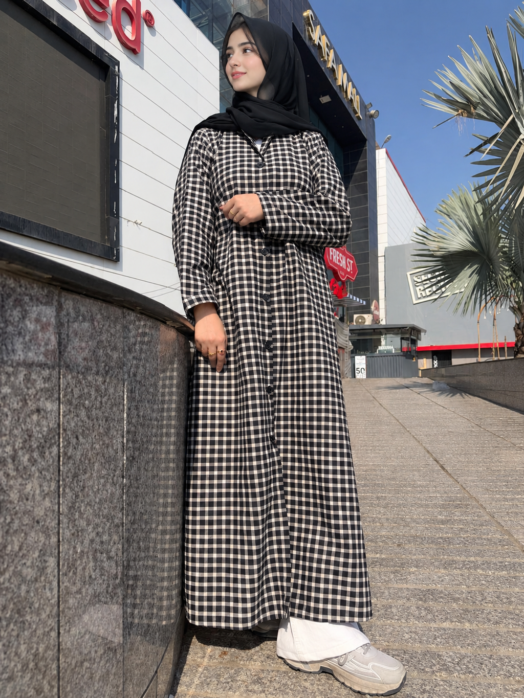 Black Gingham Check Abaya Shirt - Front Button