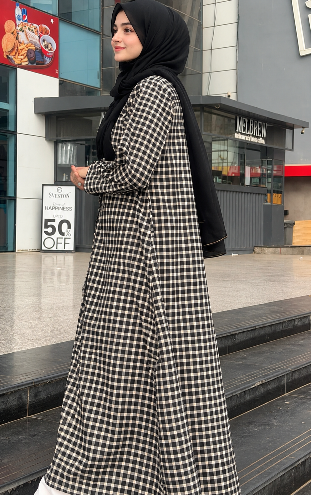 Black Gingham Check Abaya Shirt - Front Button