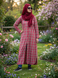 Maroon Check Collar Shirt - Adjustable Front & Side Button Open Modest outfit