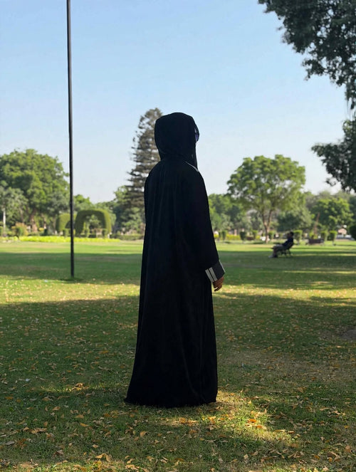 Black Nida Abaya with White Strips sides open