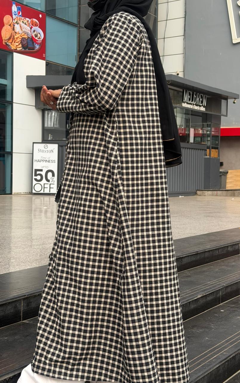 Black Gingham Check Abaya Shirt - Front Button