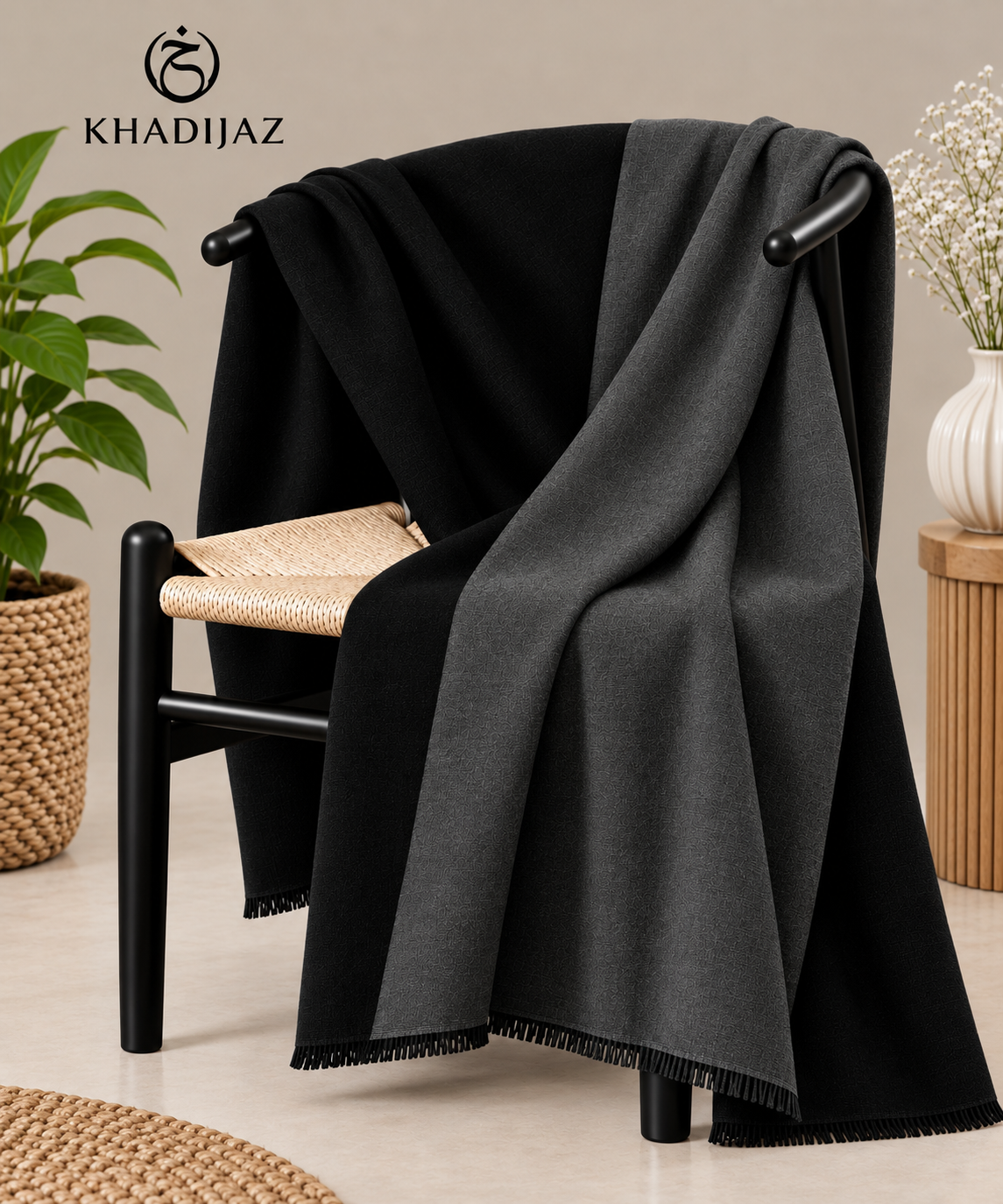 Cashmere Two Tone Stole-Jet Black- Medium Grey